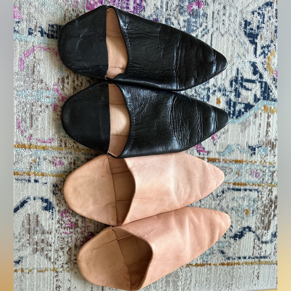 Genuine leather slippers - black and pink/tan color size 8